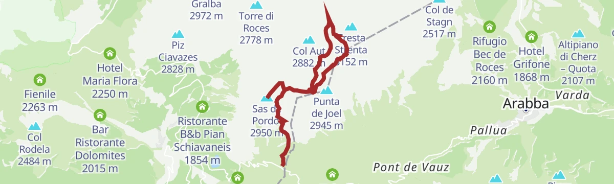 Route map: Pordoi Pass - Sass Pordoi - Forcella Pordoi - Piz Boè - Boè Refuge - Forcella Pordoi - Pordoi Pass